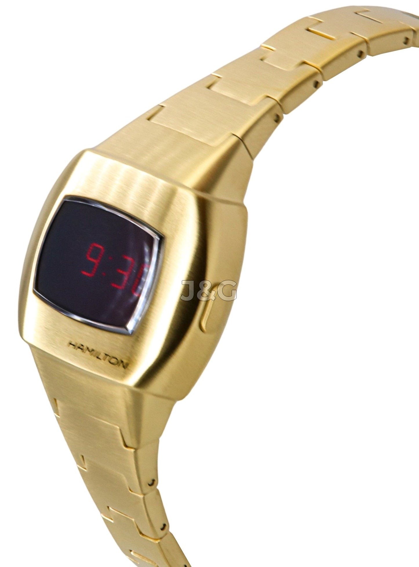 Hamilton American Classic PSR Date display Red Stainless steel Male H52314130. A brand-new Hamilton American Classic watch featuring a Red dial and a Stainless steel strap. Angled view. - view 3