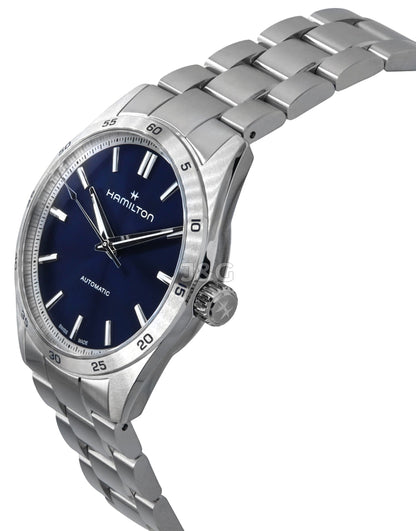 Hamilton Jazzmaster Performer Automatic movement Blue Stainless steel Male H36215140. A brand-new Hamilton Jazzmaster watch featuring a Blue dial and a Stainless steel strap. Angled view. - view 3