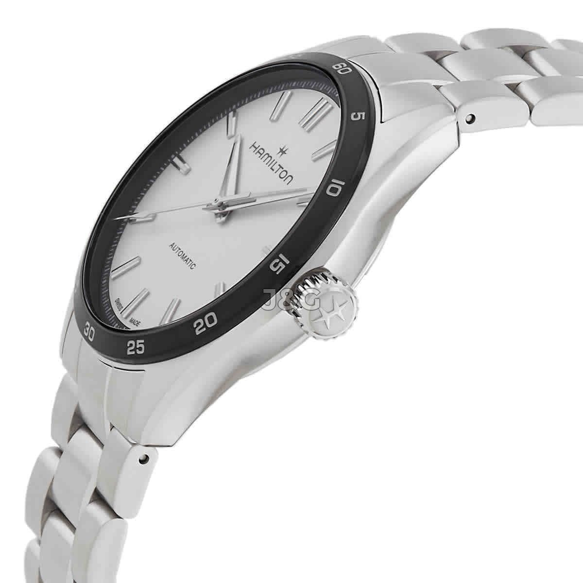 Hamilton Jazzmaster Performer Automatic movement White Stainless steel Male H36205110. A brand-new Hamilton Jazzmaster watch featuring a White dial and a Stainless steel strap. Side view. - view 2