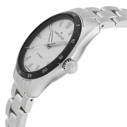 Hamilton Jazzmaster Performer Automatic movement White Stainless steel Male H36205110. A brand-new Hamilton Jazzmaster watch featuring a White dial and a Stainless steel strap. Side view. - view 2