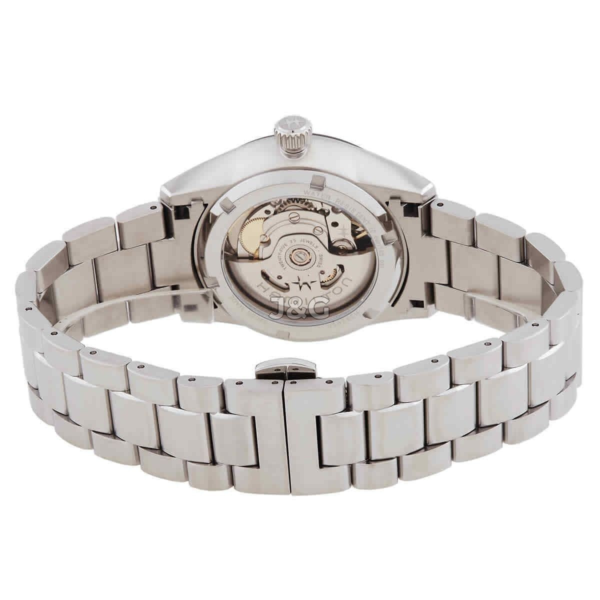 Hamilton Jazzmaster Performer Automatic movement White Stainless steel Male H36205110. A brand-new Hamilton Jazzmaster watch featuring a White dial and a Stainless steel strap. Side view. - view 3