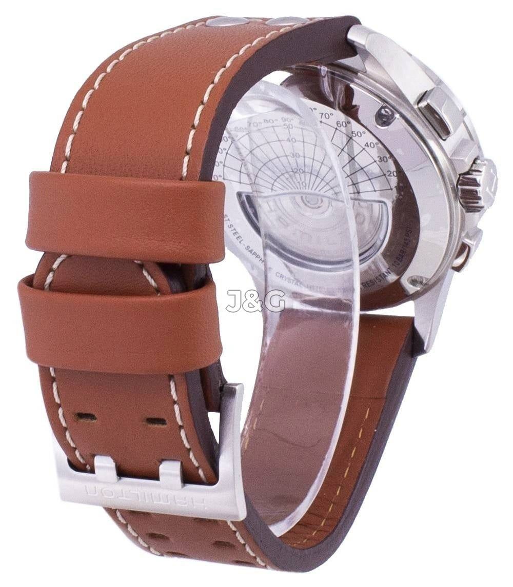 Hamilton Khaki Automatic movement Blue Leather Male H77616533. A brand-new Hamilton Khaki watch featuring a Blue dial and a Leather strap. Angled view. - view 4