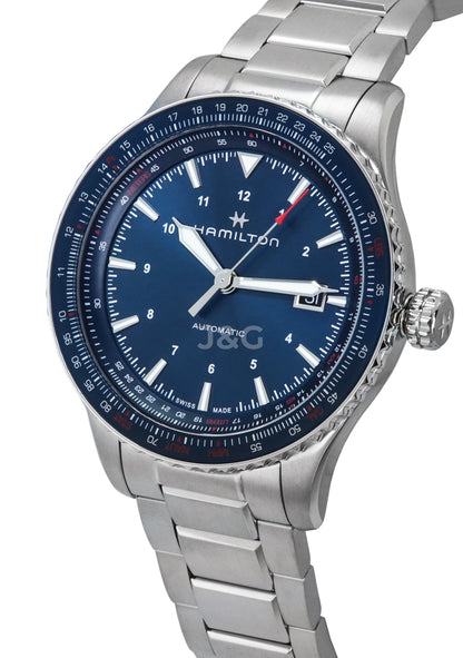 Hamilton Khaki Aviation Automatic movement Blue Male H76645140. A brand-new Hamilton Khaki watch featuring a Blue dial. Side view. - view 3