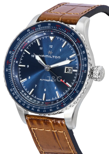 Hamilton Khaki Aviation Automatic movement Blue Male H76645540. A brand-new Hamilton Khaki watch featuring a Blue dial. Angled view. - view 3