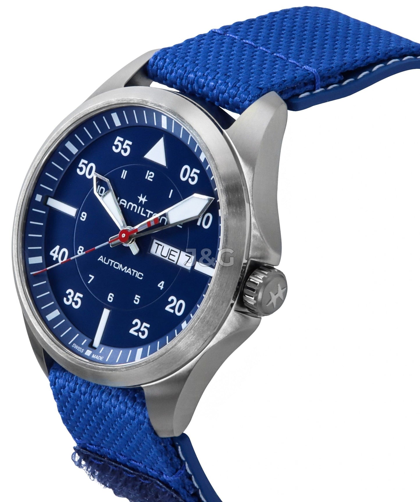 Hamilton Khaki Aviation Automatic movement Blue Polyester Male H64655941. A brand-new Hamilton Khaki watch featuring a Blue dial and a Polyester strap. Front view. - view 3