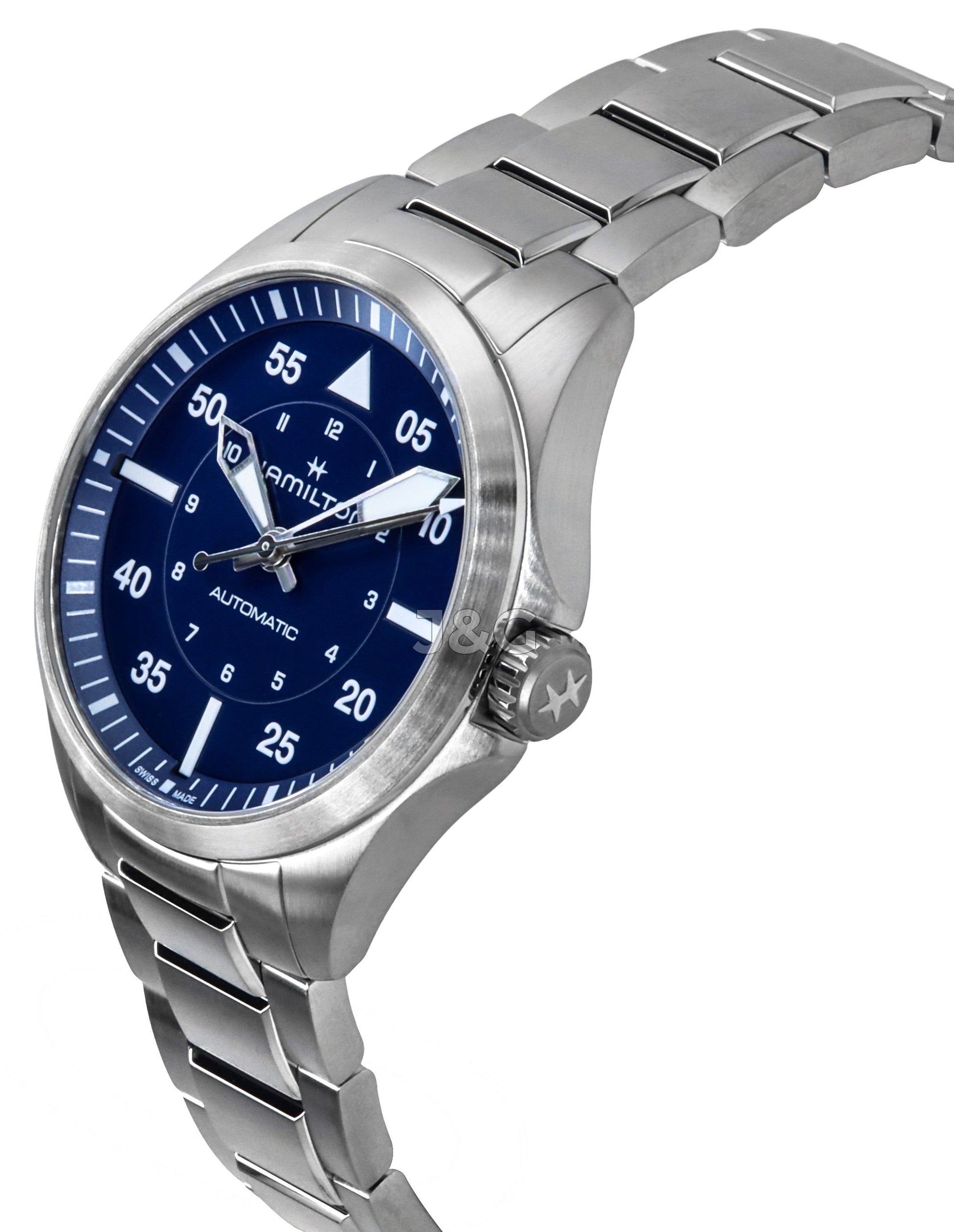 Hamilton Khaki Aviation Automatic movement Blue Stainless steel Male H76305140. A brand-new Hamilton Khaki watch featuring a Blue dial and a Stainless steel strap. Angled view. - view 3