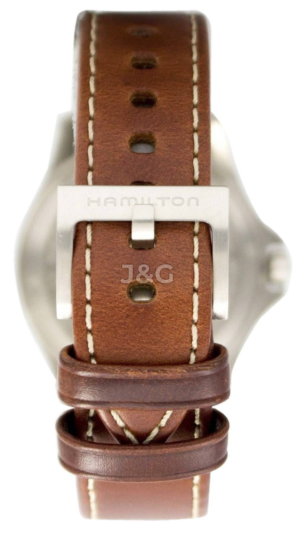 Hamilton Khaki Field Automatic movement Blue Leather Male H64455523. A brand-new Hamilton Khaki watch featuring a Blue dial and a Leather strap. Angled view. - view 4