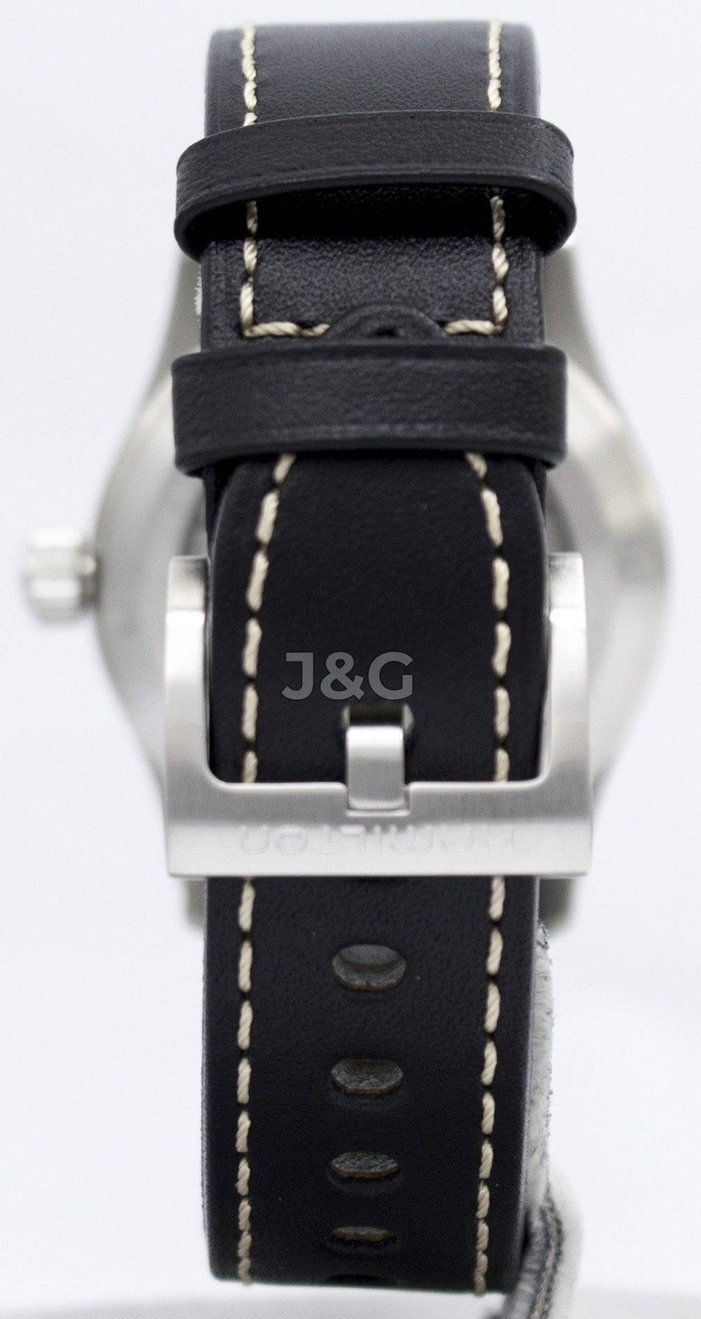 Hamilton Khaki Field Automatic movement Blue Leather Male H70455733. A brand-new Hamilton Khaki watch featuring a Blue dial and a Leather strap. Side view. - view 4