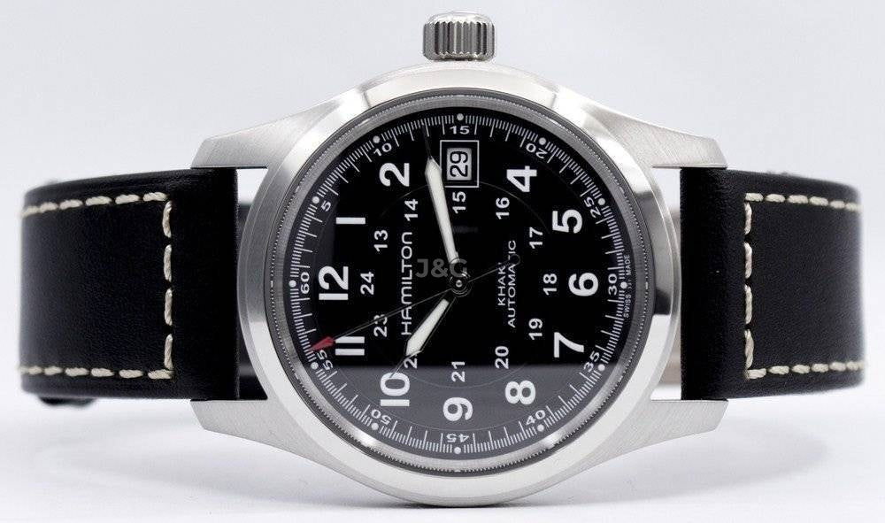 Hamilton Khaki Field Automatic movement Blue Leather Male H70455733. A brand-new Hamilton Khaki watch featuring a Blue dial and a Leather strap. Side view. - view 5