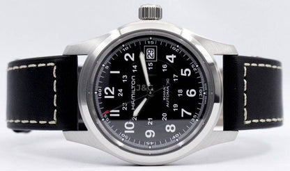 Hamilton Khaki Field Automatic movement Blue Leather Male H70455733. A brand-new Hamilton Khaki watch featuring a Blue dial and a Leather strap. Side view. - view 5