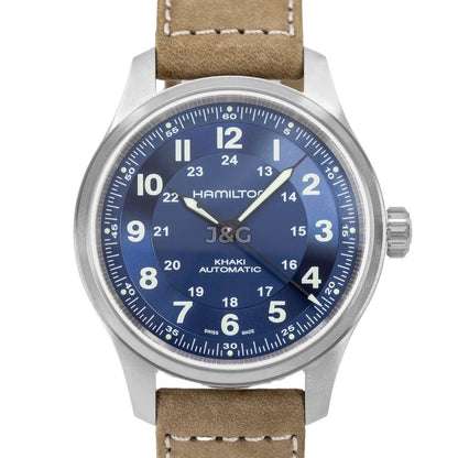 Hamilton Khaki Field Automatic movement Blue Leather Male H70545540. A brand-new Hamilton Khaki watch featuring a Blue dial and a Leather strap. Angled view. - view 2