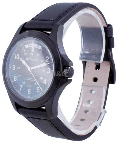 Hamilton Khaki Field Automatic movement White Leather Male H64465733. A brand-new Hamilton Khaki watch featuring a White dial and a Leather strap. Side view. - view 3