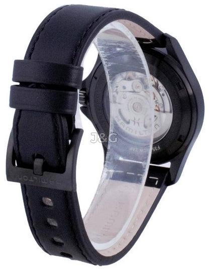 Hamilton Khaki Field Automatic movement White Leather Male H64465733. A brand-new Hamilton Khaki watch featuring a White dial and a Leather strap. Side view. - view 5