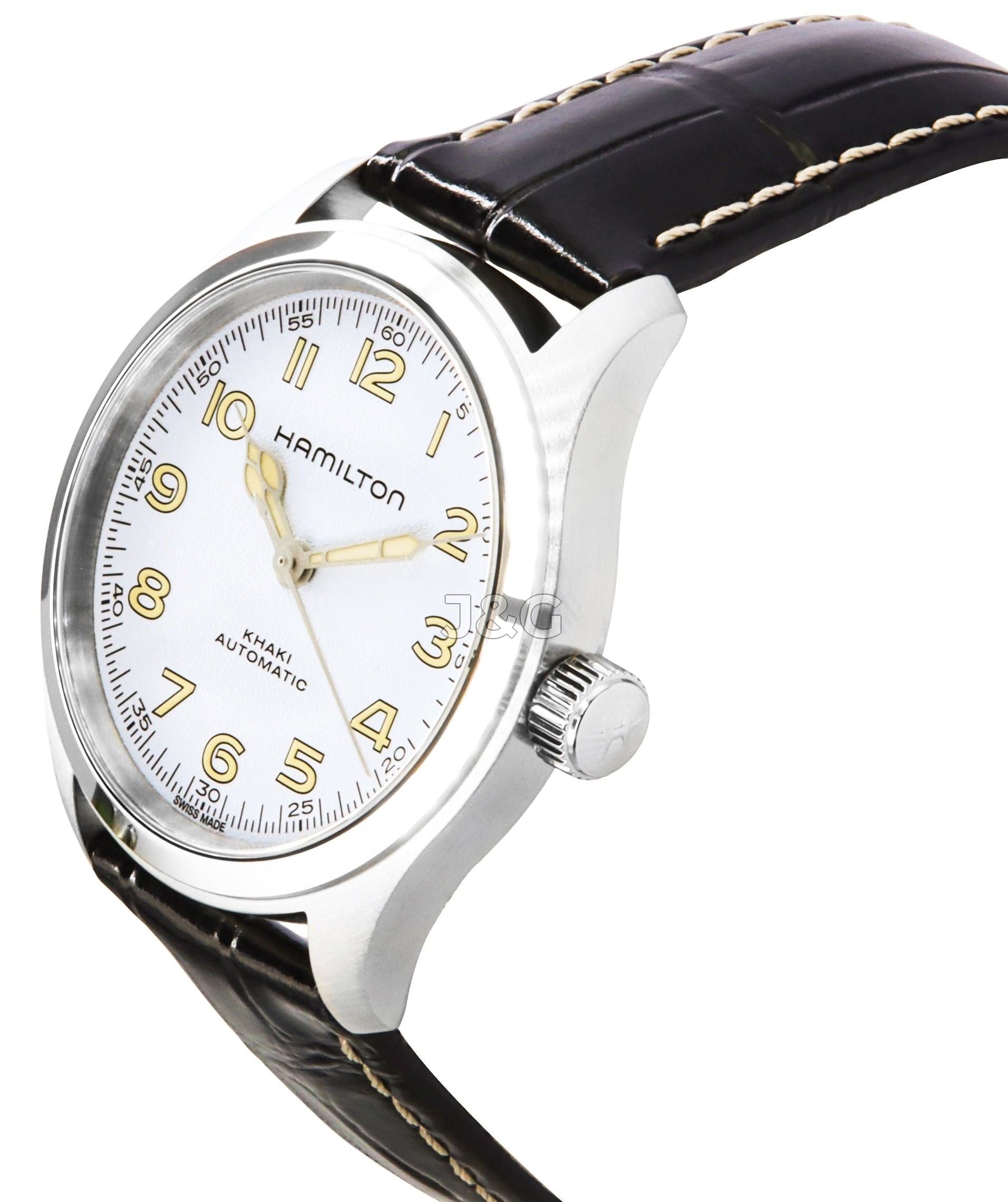 Hamilton Khaki Field Automatic movement White Leather Male H70405710. A brand-new Hamilton Khaki watch featuring a White dial and a Leather strap. Front view. - view 3