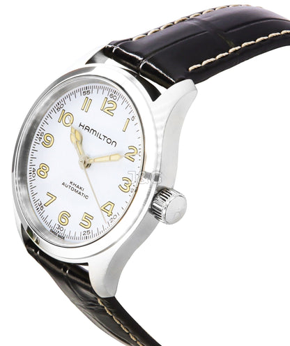 Hamilton Khaki Field Automatic movement White Leather Male H70405710. A brand-new Hamilton Khaki watch featuring a White dial and a Leather strap. Front view. - view 3