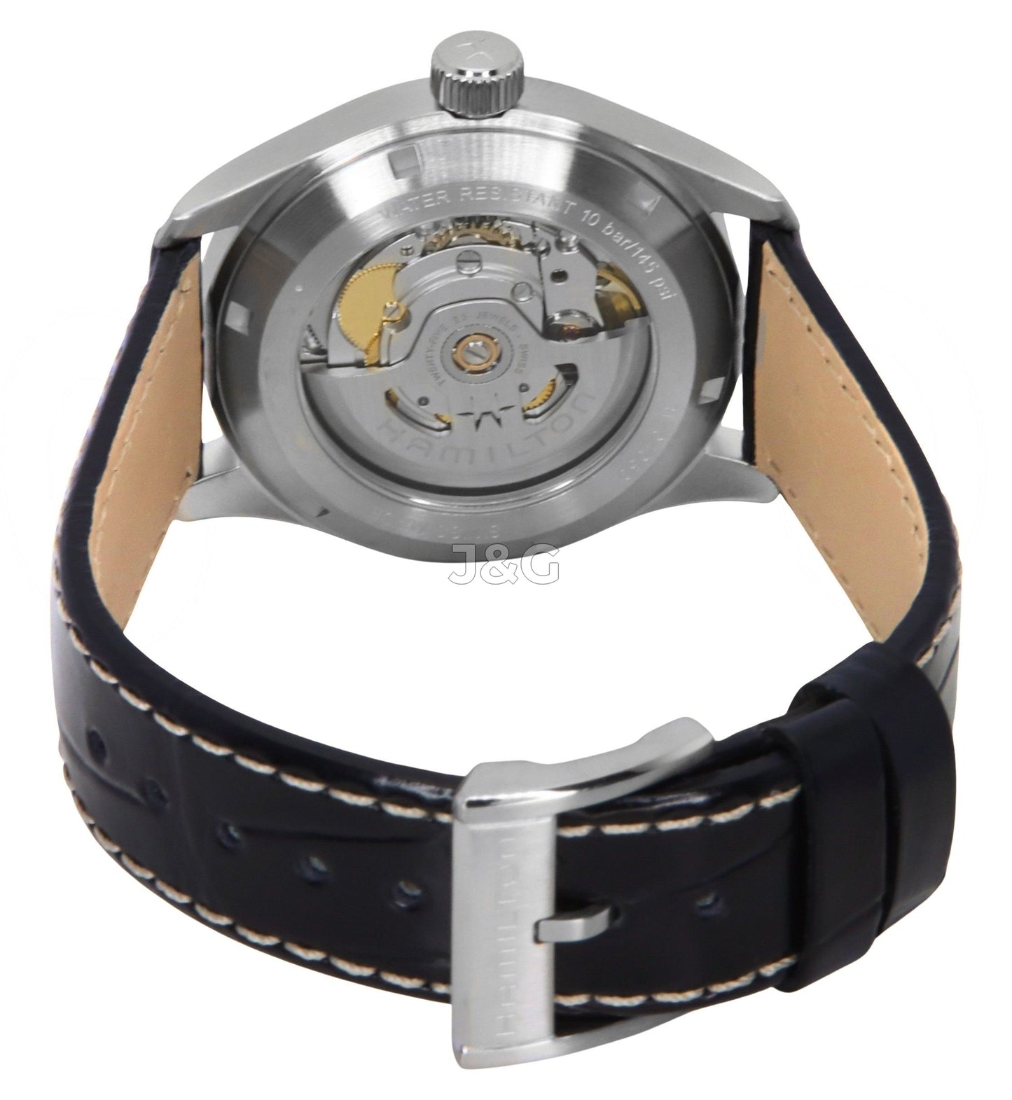 Hamilton Khaki Field Automatic movement White Leather Male H70405710. A brand-new Hamilton Khaki watch featuring a White dial and a Leather strap. Front view. - view 4