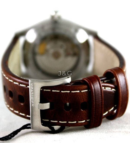 Hamilton Khaki Field Automatic movement White Leather Male H70455533. A brand-new Hamilton Khaki watch featuring a White dial and a Leather strap. Front view. - view 5