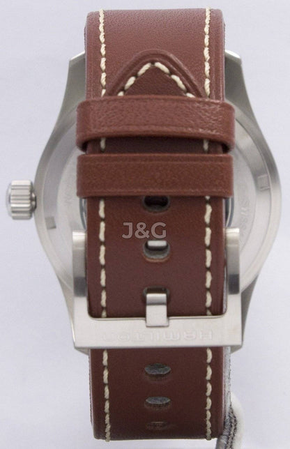 Hamilton Khaki Field Automatic movement White Leather Male H70555533. A brand-new Hamilton Khaki watch featuring a White dial and a Leather strap. Front view. - view 4