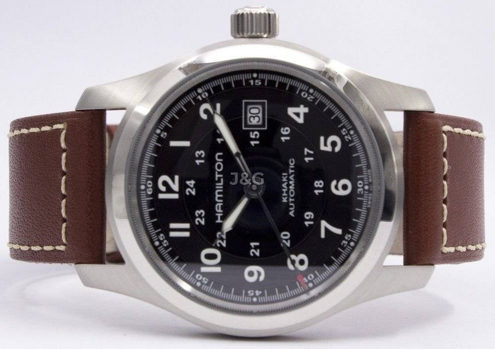 Hamilton Khaki Field Automatic movement White Leather Male H70555533. A brand-new Hamilton Khaki watch featuring a White dial and a Leather strap. Front view. - view 5