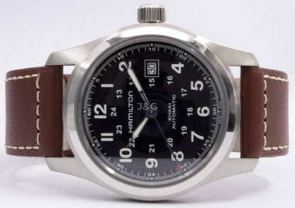 Hamilton Khaki Field Automatic movement White Leather Male H70555533. A brand-new Hamilton Khaki watch featuring a White dial and a Leather strap. Front view. - view 5