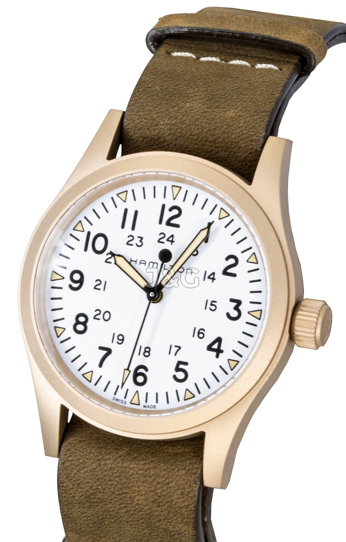 Hamilton Khaki Field Automatic movement White Male H69459510. A brand-new Hamilton Khaki watch featuring a White dial. Side view. - view 3