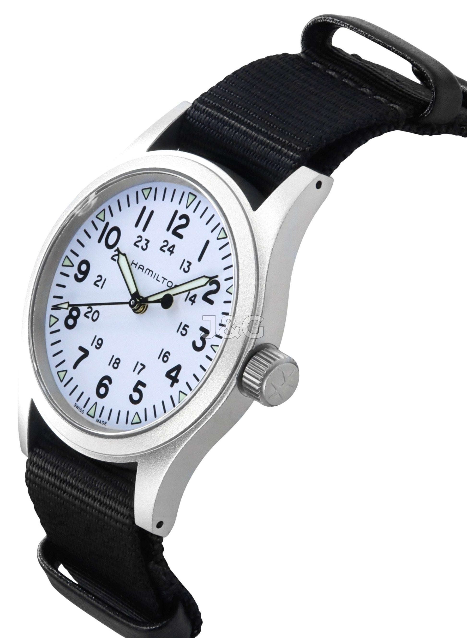 Hamilton Khaki Field Automatic movement White Polyester Male H69439910. A brand-new Hamilton Khaki watch featuring a White dial and a Polyester strap. Angled view. - view 3