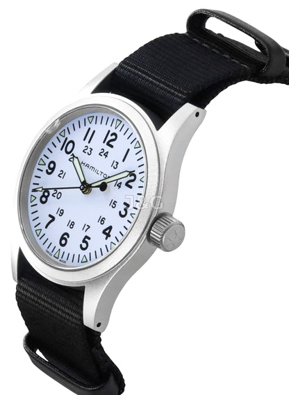 Hamilton Khaki Field Automatic movement White Polyester Male H69439910. A brand-new Hamilton Khaki watch featuring a White dial and a Polyester strap. Angled view. - view 3