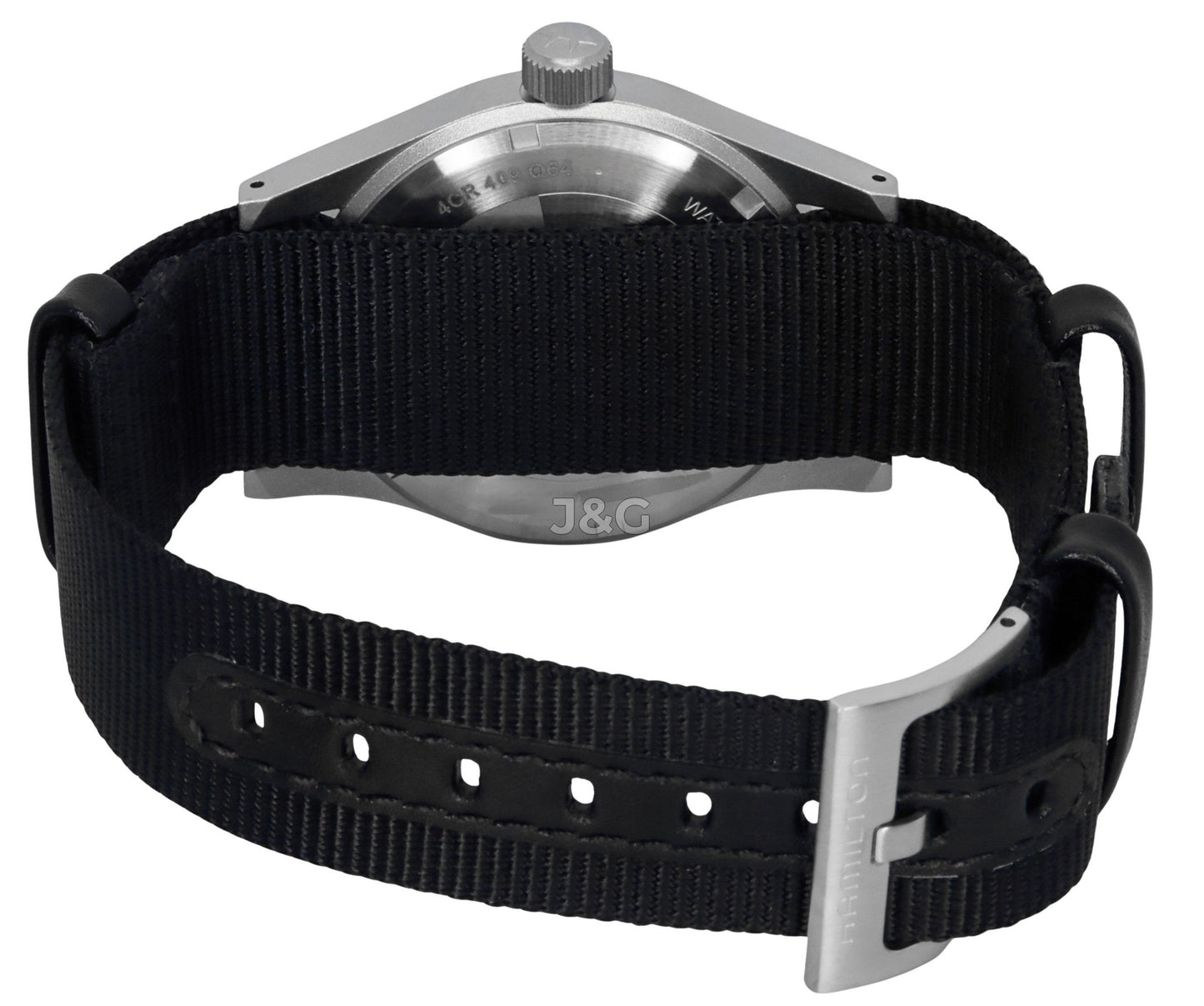 Hamilton Khaki Field Automatic movement White Polyester Male H69439910. A brand-new Hamilton Khaki watch featuring a White dial and a Polyester strap. Angled view. - view 4