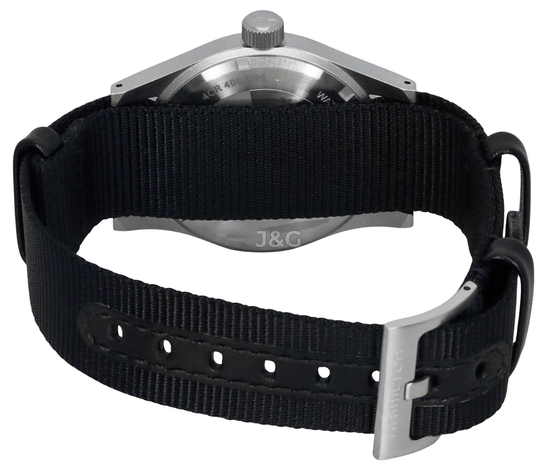 Hamilton Khaki Field Automatic movement White Polyester Male H69439910. A brand-new Hamilton Khaki watch featuring a White dial and a Polyester strap. Angled view. - view 4