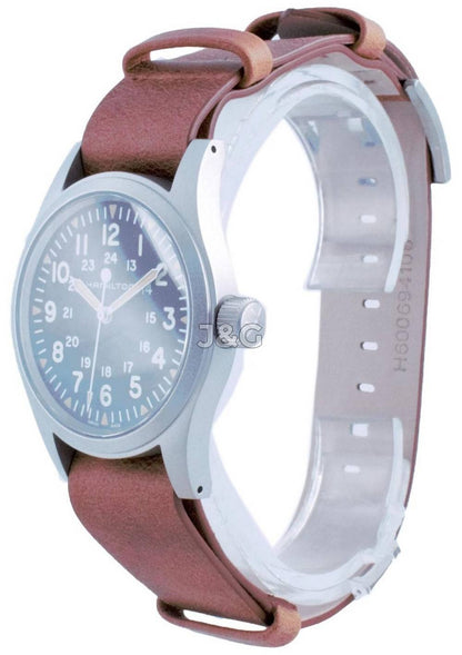 Hamilton Khaki Field Luminous hands Black Leather Male H69439531. A brand-new Hamilton Khaki watch featuring a Black dial and a Leather strap. Angled view. - view 2