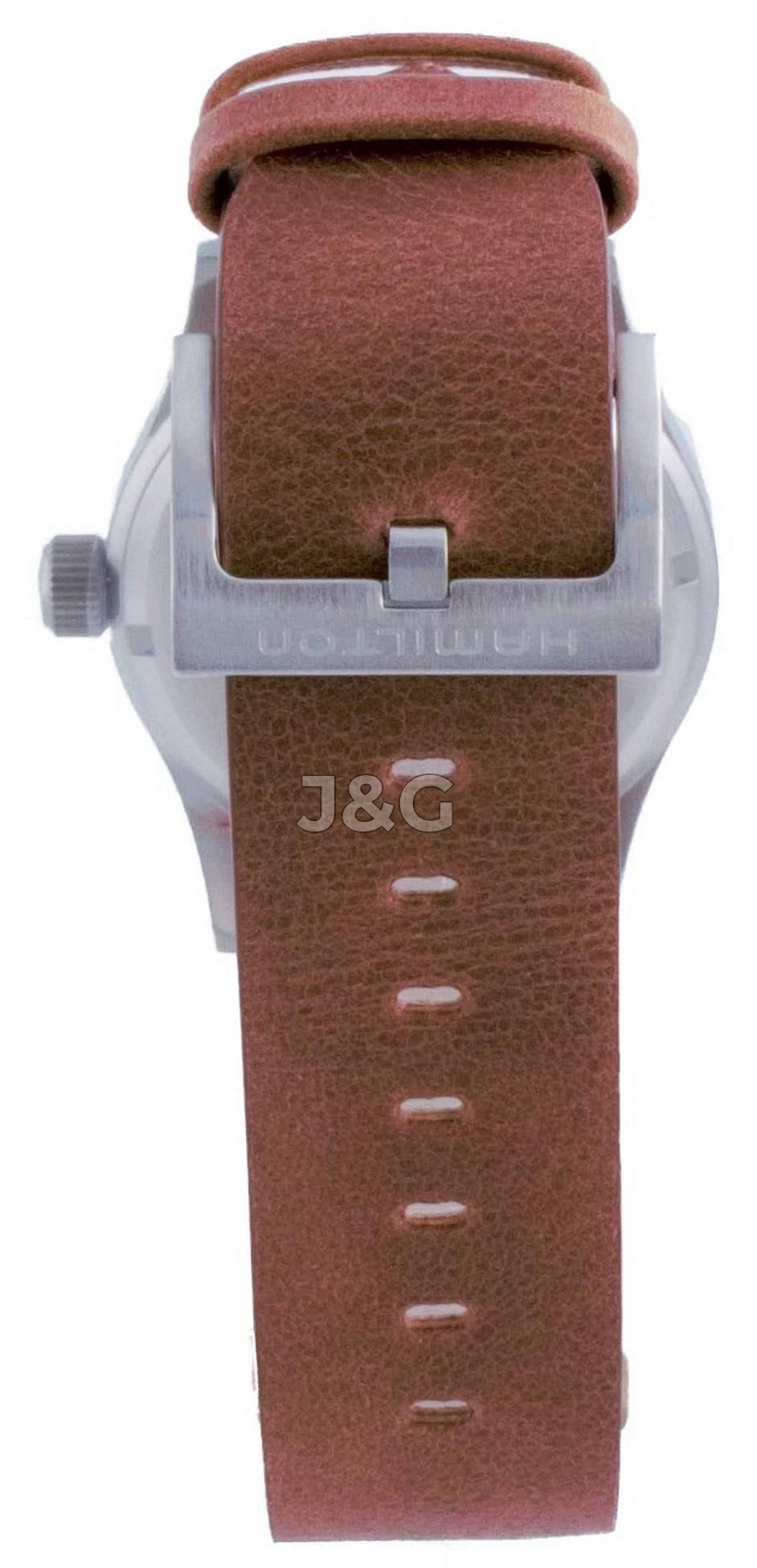 Hamilton Khaki Field Luminous hands Black Leather Male H69439531. A brand-new Hamilton Khaki watch featuring a Black dial and a Leather strap. Angled view. - view 3