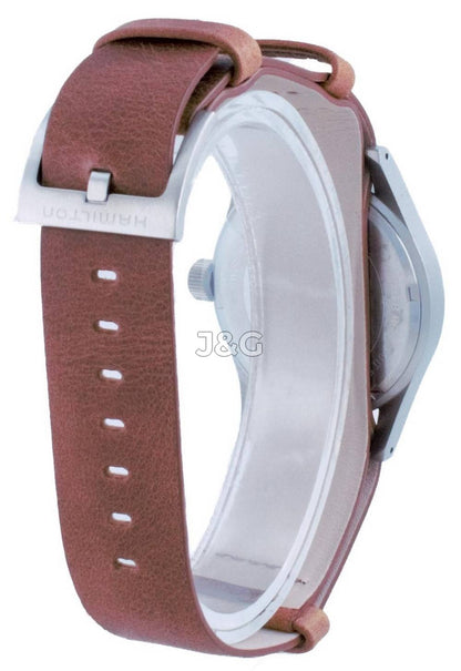 Hamilton Khaki Field Luminous hands Black Leather Male H69439531. A brand-new Hamilton Khaki watch featuring a Black dial and a Leather strap. Angled view. - view 4