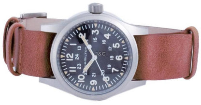 Hamilton Khaki Field Luminous hands Black Leather Male H69439531. A brand-new Hamilton Khaki watch featuring a Black dial and a Leather strap. Angled view. - view 5