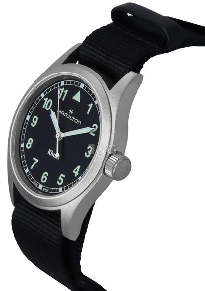 Hamilton Khaki Field Luminous hands Black Polyester Male H69401430. A brand-new Hamilton Khaki watch featuring a Black dial and a Polyester strap. Side view. - view 3