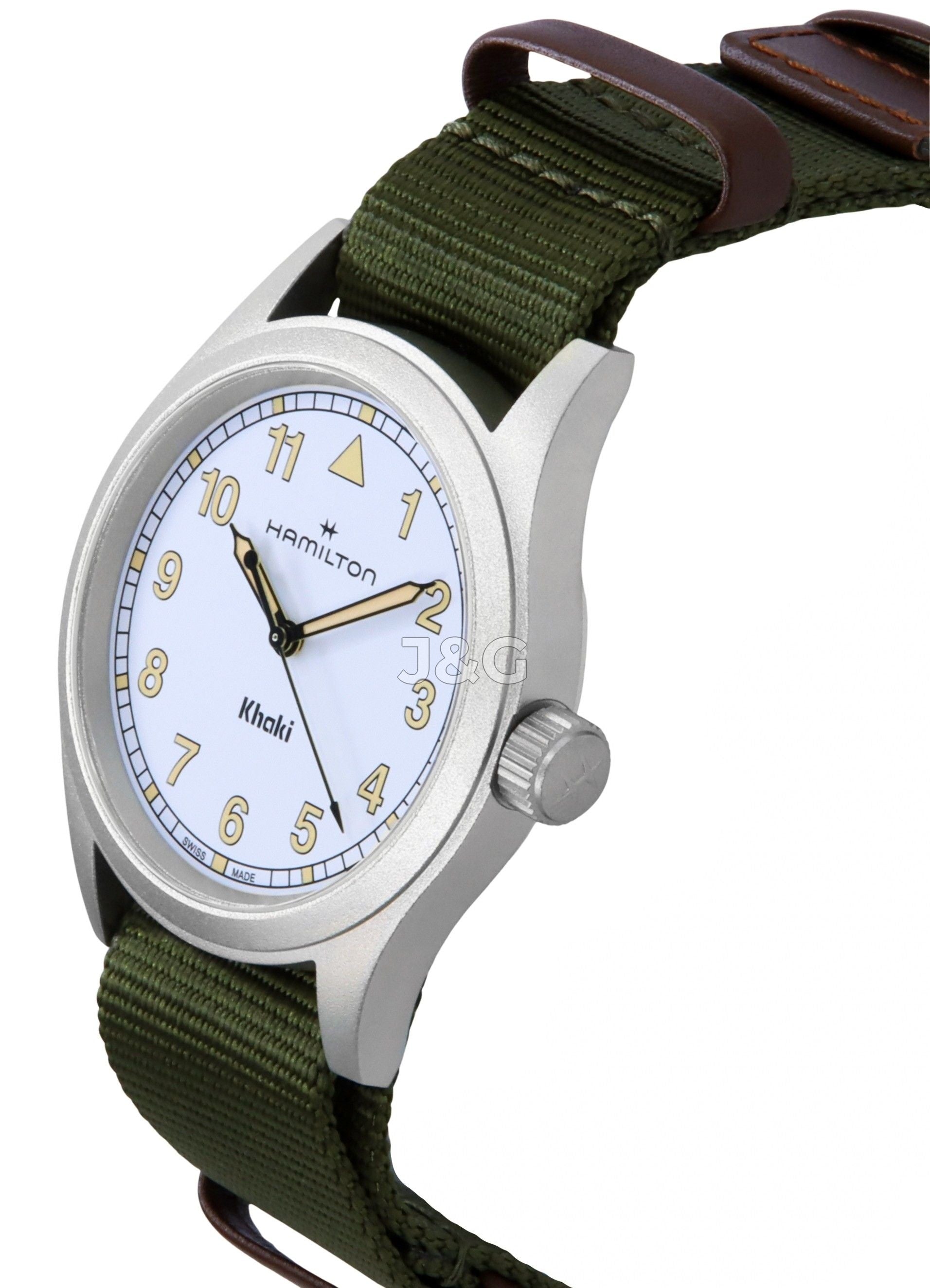 Hamilton Khaki Field Luminous hands White Polyester Unisex H69401910. A brand-new Hamilton Khaki watch featuring a White dial and a Polyester strap. Angled view. - view 3