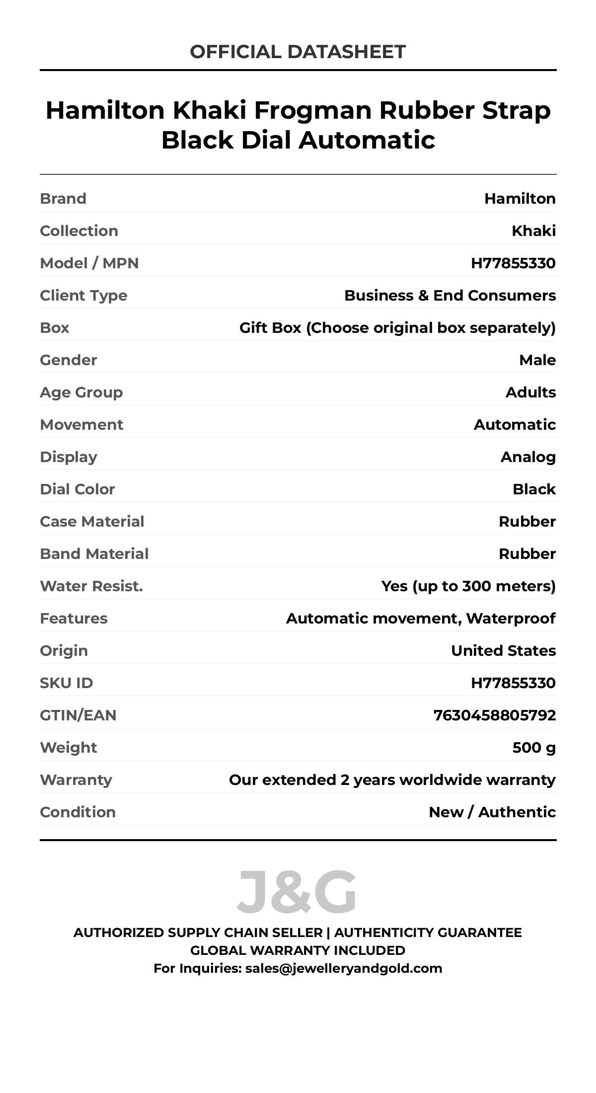 Hamilton Khaki Frogman Rubber Strap Black Dial Automatic. A brand-new Hamilton Khaki watch featuring a Black dial and a Rubber strap. Front view. - DS_FINAL