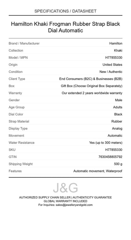 Hamilton Khaki Frogman Rubber Strap Black Dial Automatic. A brand-new Hamilton Khaki watch featuring a Black dial and a Rubber strap. Angled view. - DS_FINAL