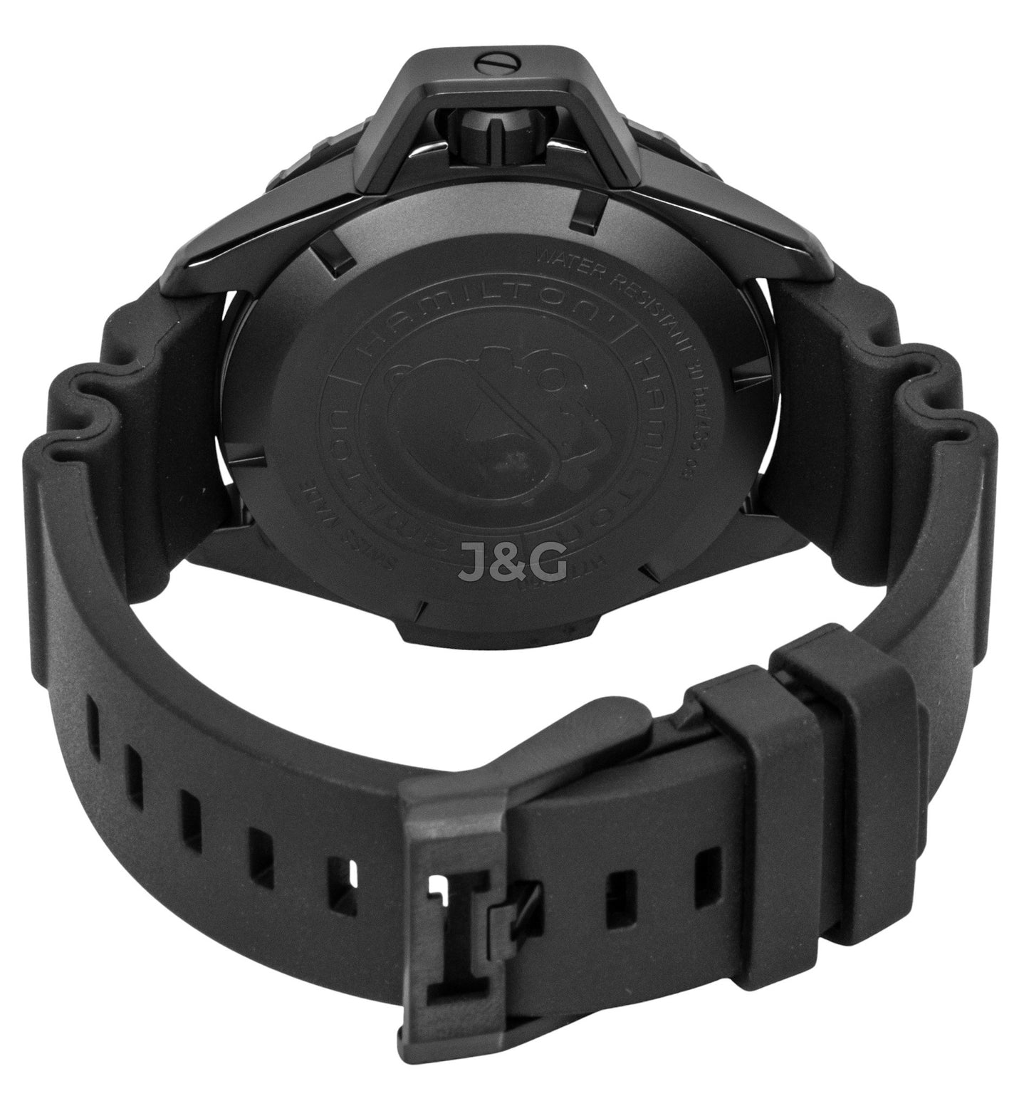 Hamilton Khaki Frogman Rubber Strap Black Dial Automatic. A brand-new Hamilton Khaki watch featuring a Black dial and a Rubber strap. Side view. - SEQ_4