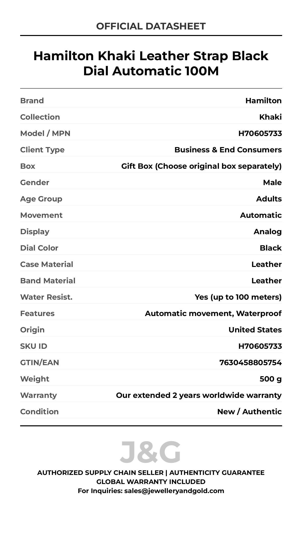 Hamilton Khaki Leather Strap Black Dial Automatic 100M. A brand-new Hamilton Khaki watch featuring a Black dial and a Leather strap. Front view. - DS_FINAL