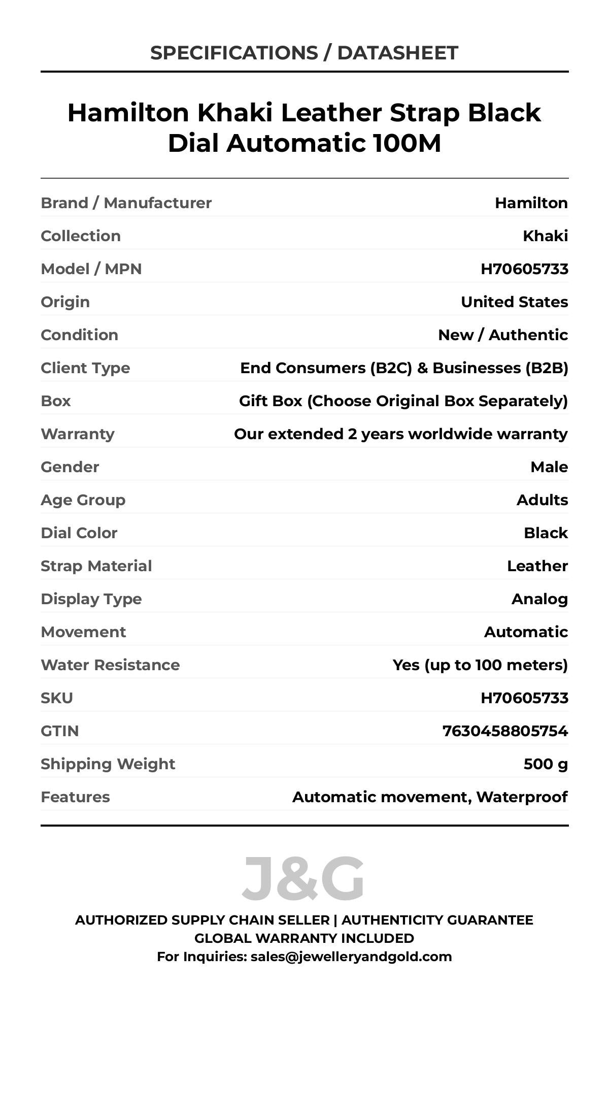 Hamilton Khaki Leather Strap Black Dial Automatic 100M. A brand-new Hamilton Khaki watch featuring a Black dial and a Leather strap. Front view. - DS_FINAL