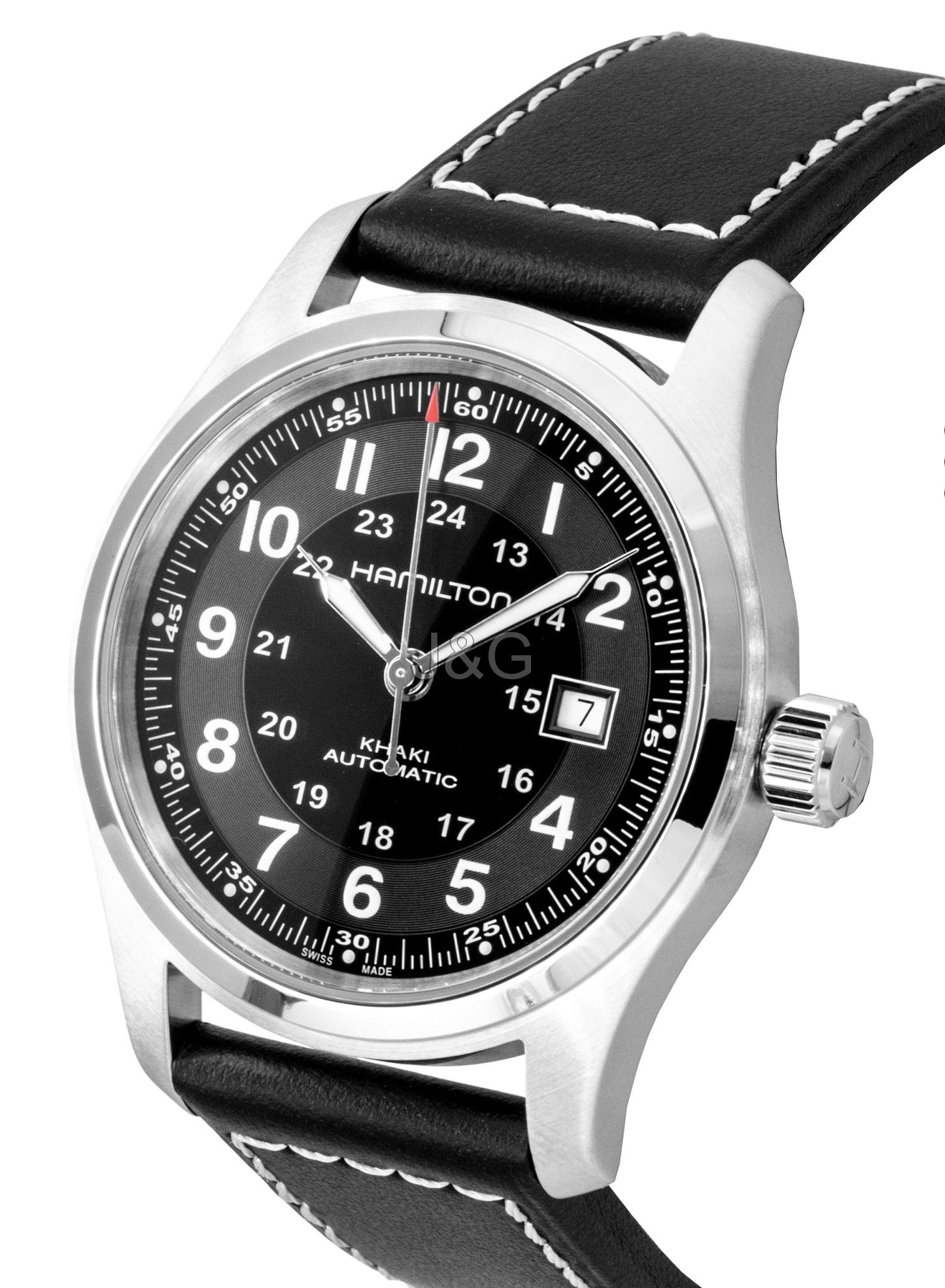 Hamilton Khaki Leather Strap Black Dial Automatic 100M. A brand-new Hamilton Khaki watch featuring a Black dial and a Leather strap. Front view. - SEQ_3