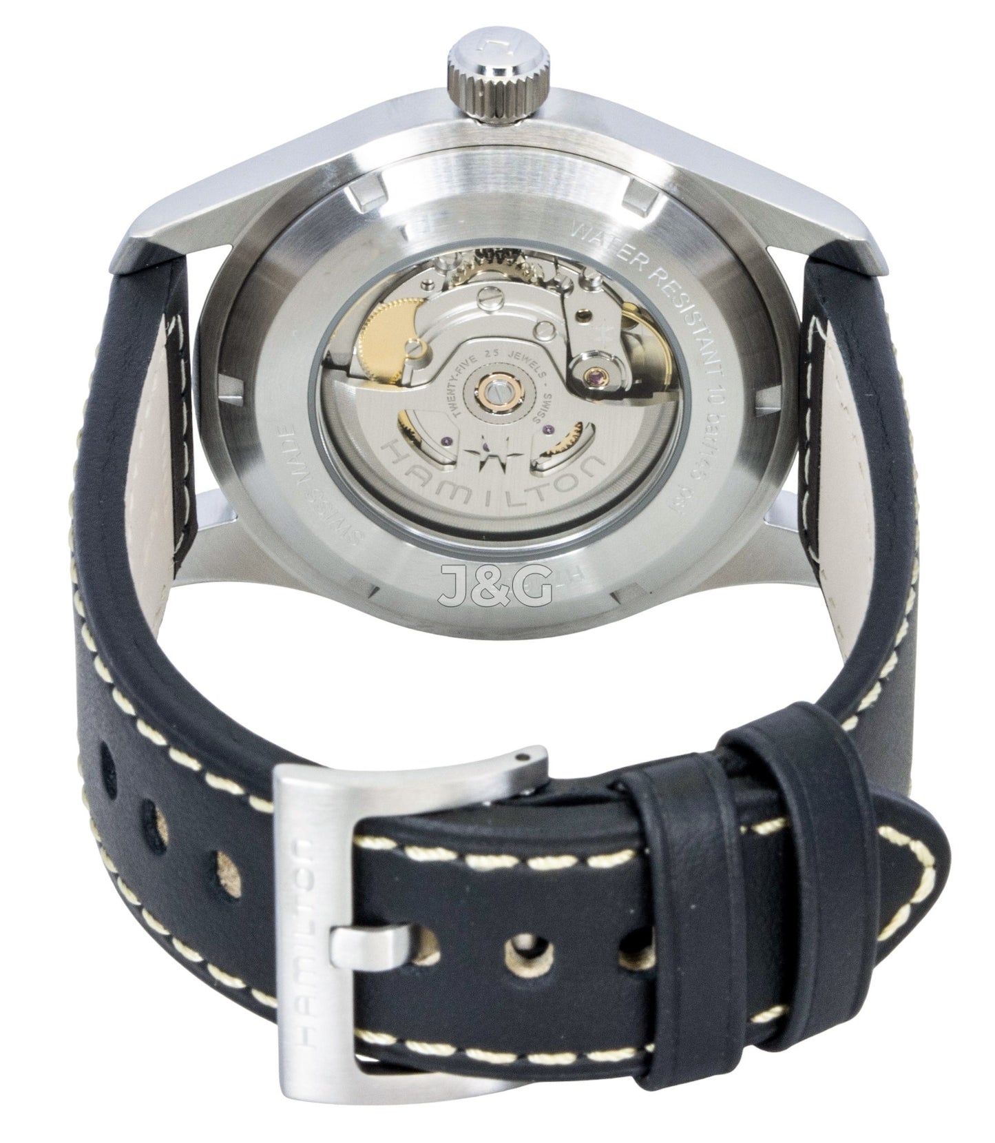 Hamilton Khaki Leather Strap Black Dial Automatic 100M. A brand-new Hamilton Khaki watch featuring a Black dial and a Leather strap. Angled view. - SEQ_4