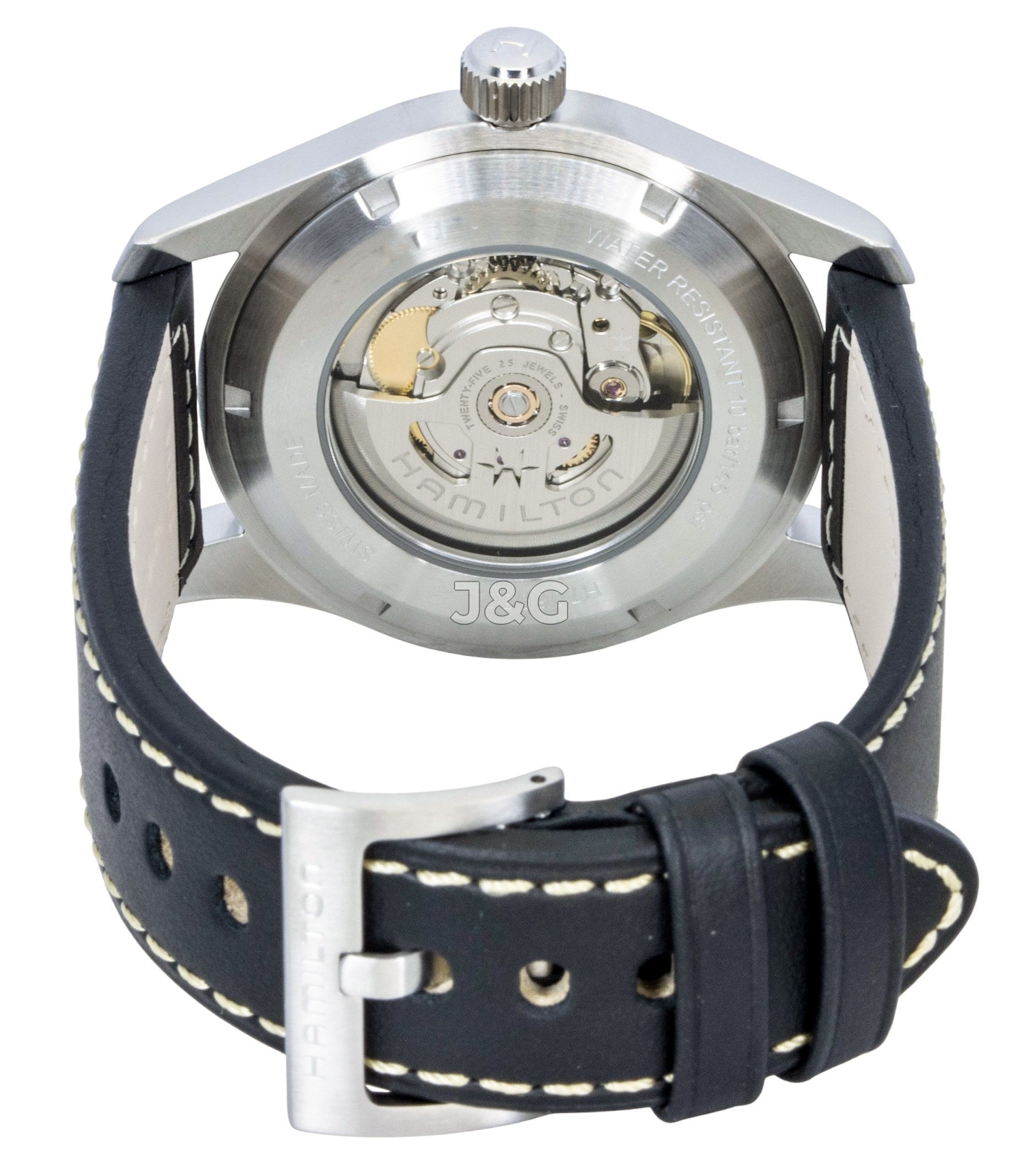 Hamilton Khaki Leather Strap Black Dial Automatic 100M. A brand-new Hamilton Khaki watch featuring a Black dial and a Leather strap. Angled view. - SEQ_4