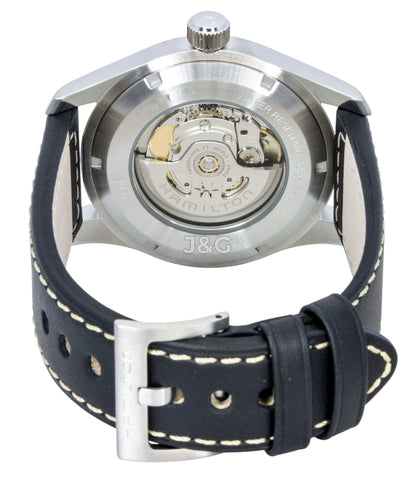 Hamilton Khaki Leather Strap Black Dial Automatic 100M. A brand-new Hamilton Khaki watch featuring a Black dial and a Leather strap. Side view. - SEQ_4