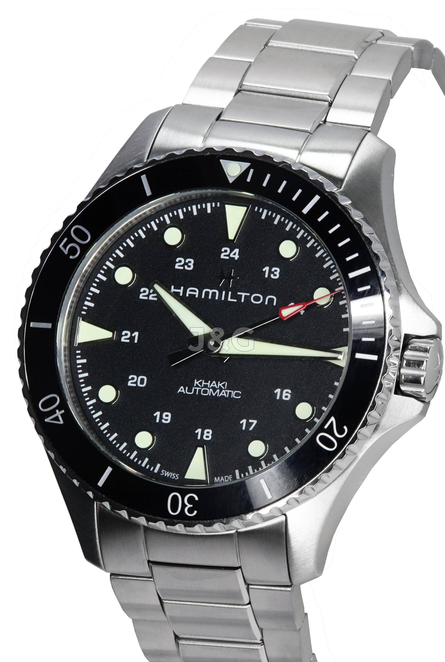 Hamilton Khaki Navy Automatic movement Black Stainless steel Male H82515130. A brand-new Hamilton Khaki watch featuring a Black dial and a Stainless steel strap. Front view. - view 3