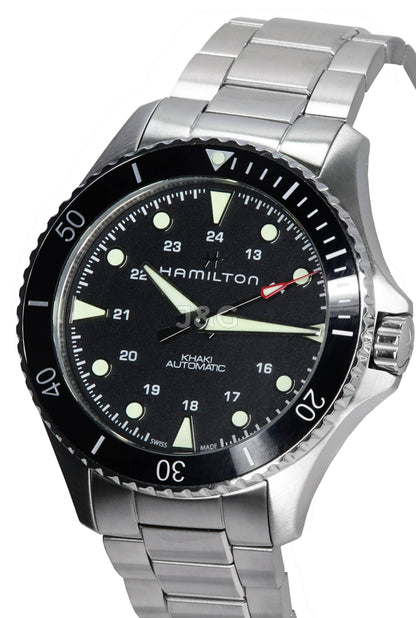 Hamilton Khaki Navy Automatic movement Black Stainless steel Male H82515130. A brand-new Hamilton Khaki watch featuring a Black dial and a Stainless steel strap. Front view. - view 3