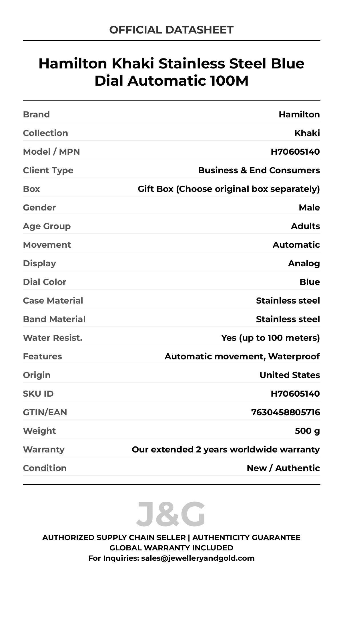 Hamilton Khaki Stainless Steel Blue Dial Automatic 100M. A brand-new Hamilton Khaki watch featuring a Blue dial and a Stainless steel strap. Side view. - DS_FINAL