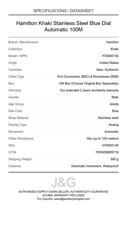 Hamilton Khaki Stainless Steel Blue Dial Automatic 100M. A brand-new Hamilton Khaki watch featuring a Blue dial and a Stainless steel strap. Front view. - DS_FINAL