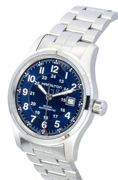 Hamilton Khaki Stainless Steel Blue Dial Automatic 100M. A brand-new Hamilton Khaki watch featuring a Blue dial and a Stainless steel strap. Side view. - SEQ_3