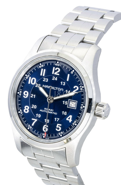 Hamilton Khaki Stainless Steel Blue Dial Automatic 100M. A brand-new Hamilton Khaki watch featuring a Blue dial and a Stainless steel strap. Front view. - SEQ_3